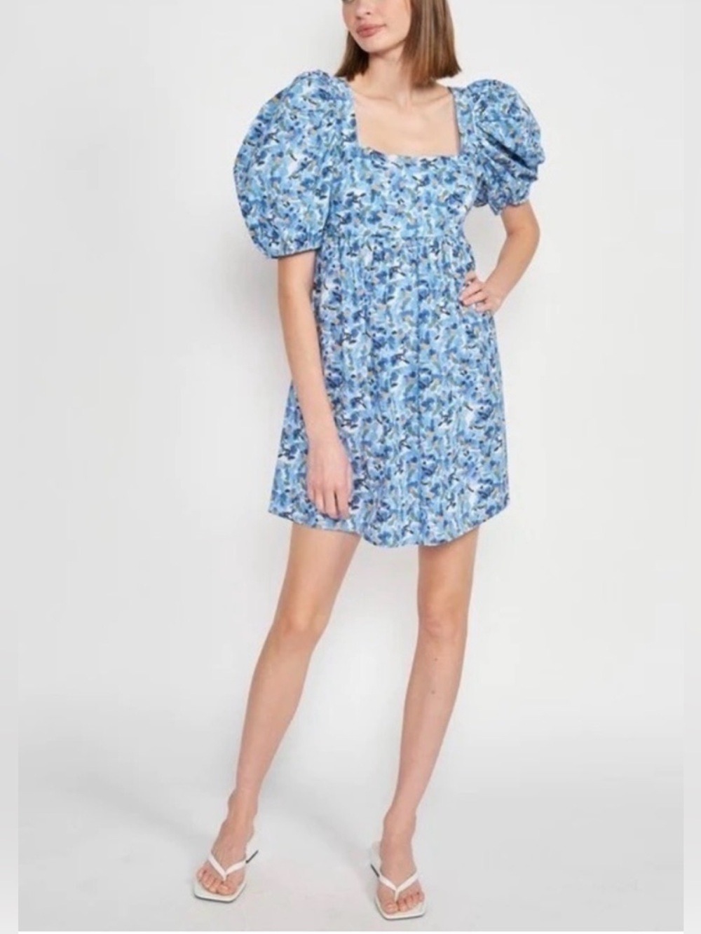 Jacquie The Label Watercolor Floral Print Puff Sleeve Tie Back Babydoll Dress